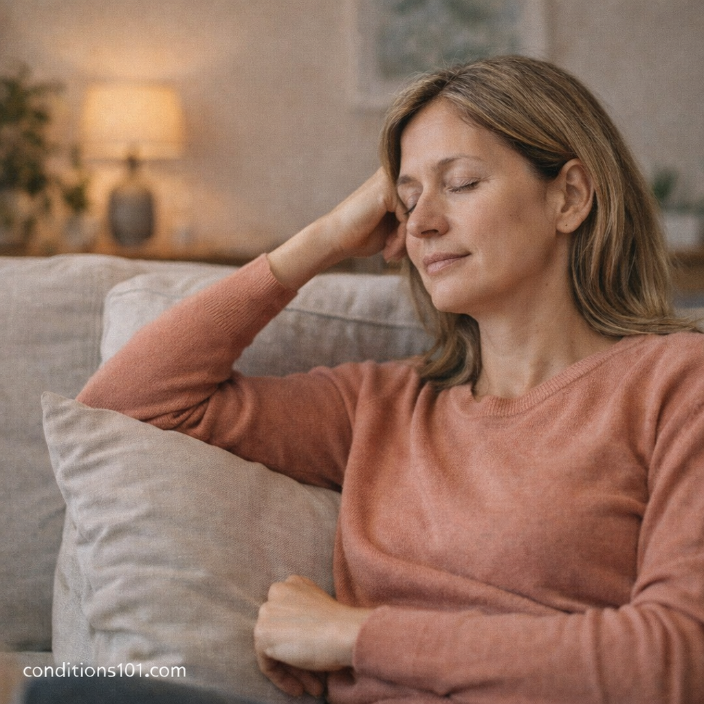 Woman resting on a couch with eyes closed in a calm home setting, illustrating everyday fluctuations in energy and metabolism.