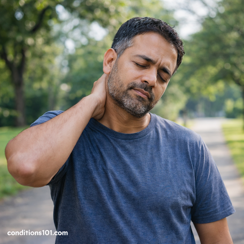 Adult man pausing outdoors during daily activity, representing how multifactorial conditions are influenced by everyday lifestyle and environmental factors.