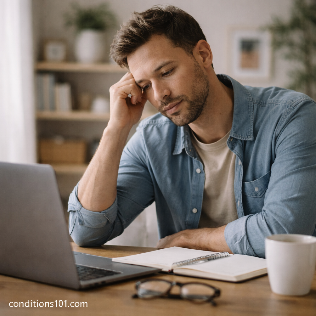 Adult man sitting at a desk in a home office, appearing thoughtful and mildly tired during focused mental work.