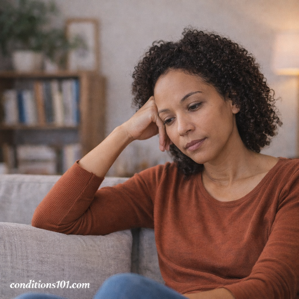Adult sitting thoughtfully on a couch at home, representing neurological adaptation in everyday life.