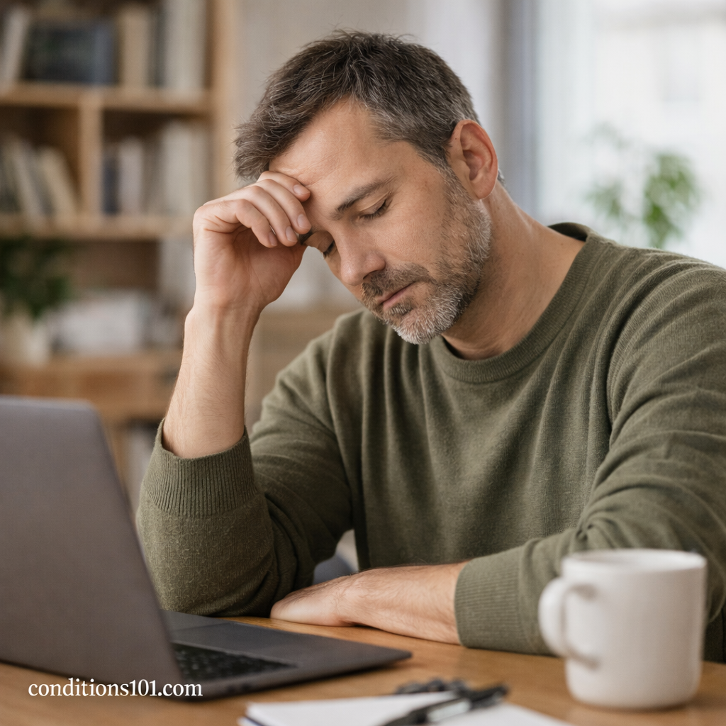 Adult man pausing at a desk with a thoughtful expression, representing everyday neurological awareness and mental focus.