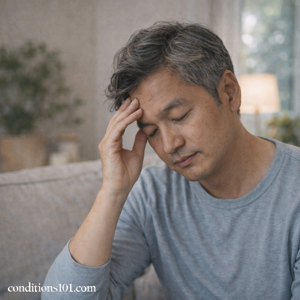 Adult man sitting quietly on a couch with a thoughtful expression, illustrating a calm and educational moment related to pain awareness.