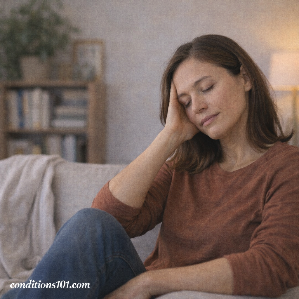 Adult sitting on a couch with a relaxed, reflective expression, representing a pain flare-up in daily life.