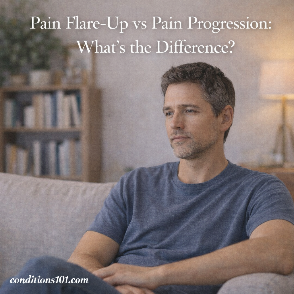 Adult sitting calmly on a couch at home, representing differences between pain flare-ups and pain progression.