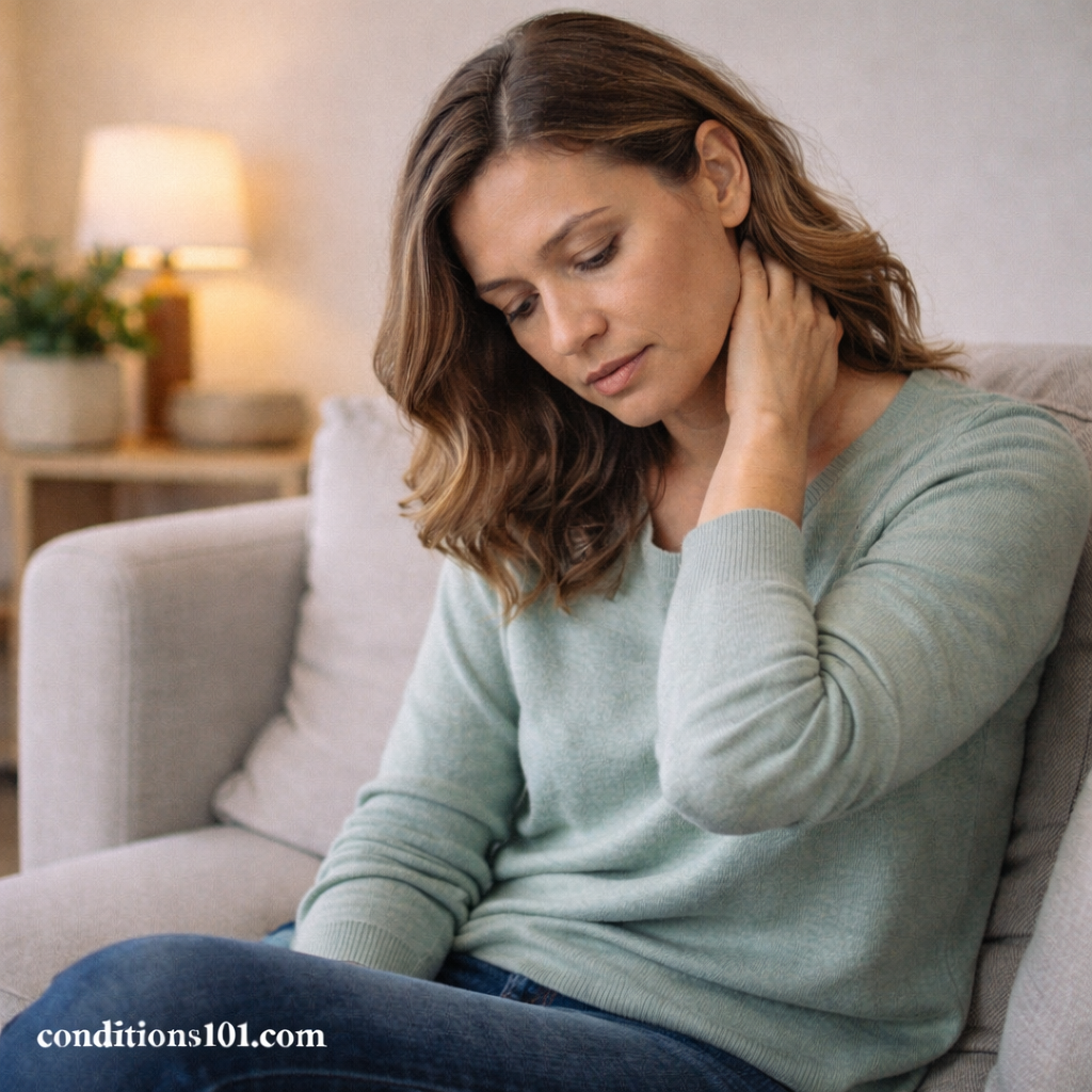 Adult woman sitting on a couch with a reflective posture in a calm home setting, illustrating everyday awareness of pain patterns.