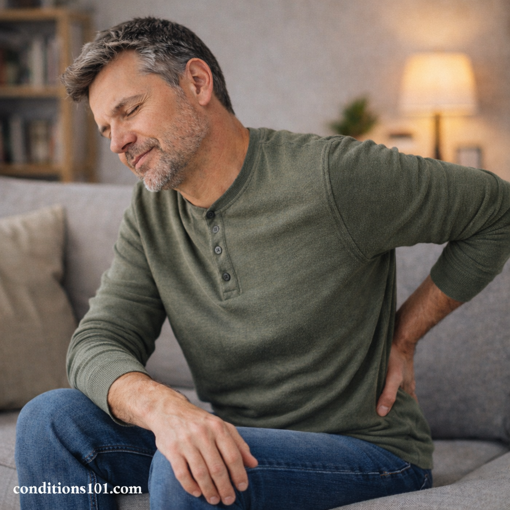 Middle-aged man sitting on a couch and gently holding his lower back in a calm home setting, illustrating everyday experiences related to pain persistence.