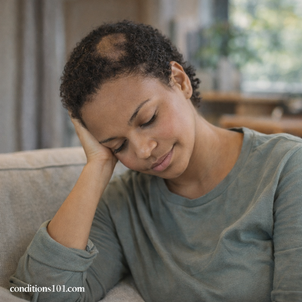 An adult woman resting on a couch with a visible patch of hair loss on the scalp, shown in a calm, everyday setting.