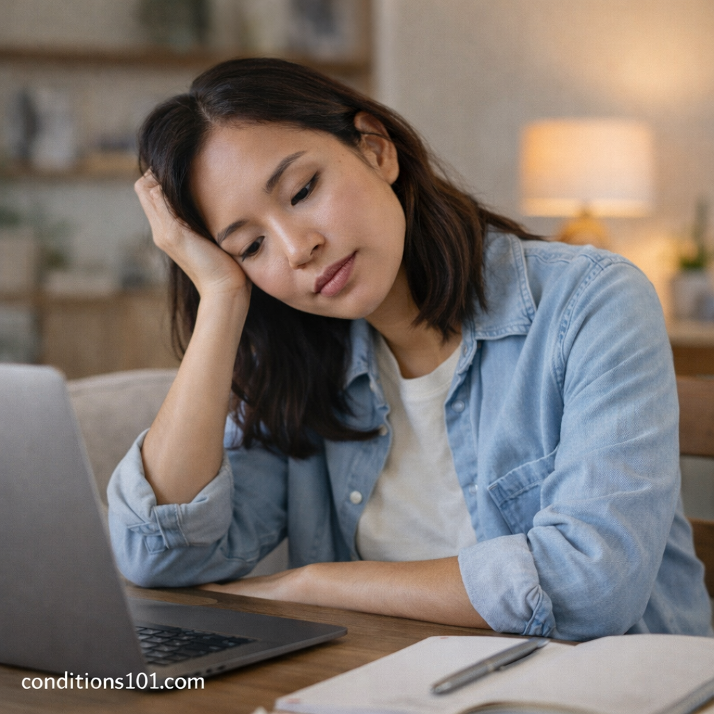 Adult woman sitting at a desk with a laptop, appearing mildly tired and reflective during everyday work activities.