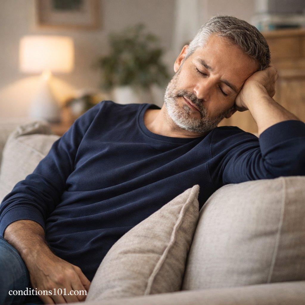Middle-aged man resting on a couch at home, representing everyday experiences of physical limitation.