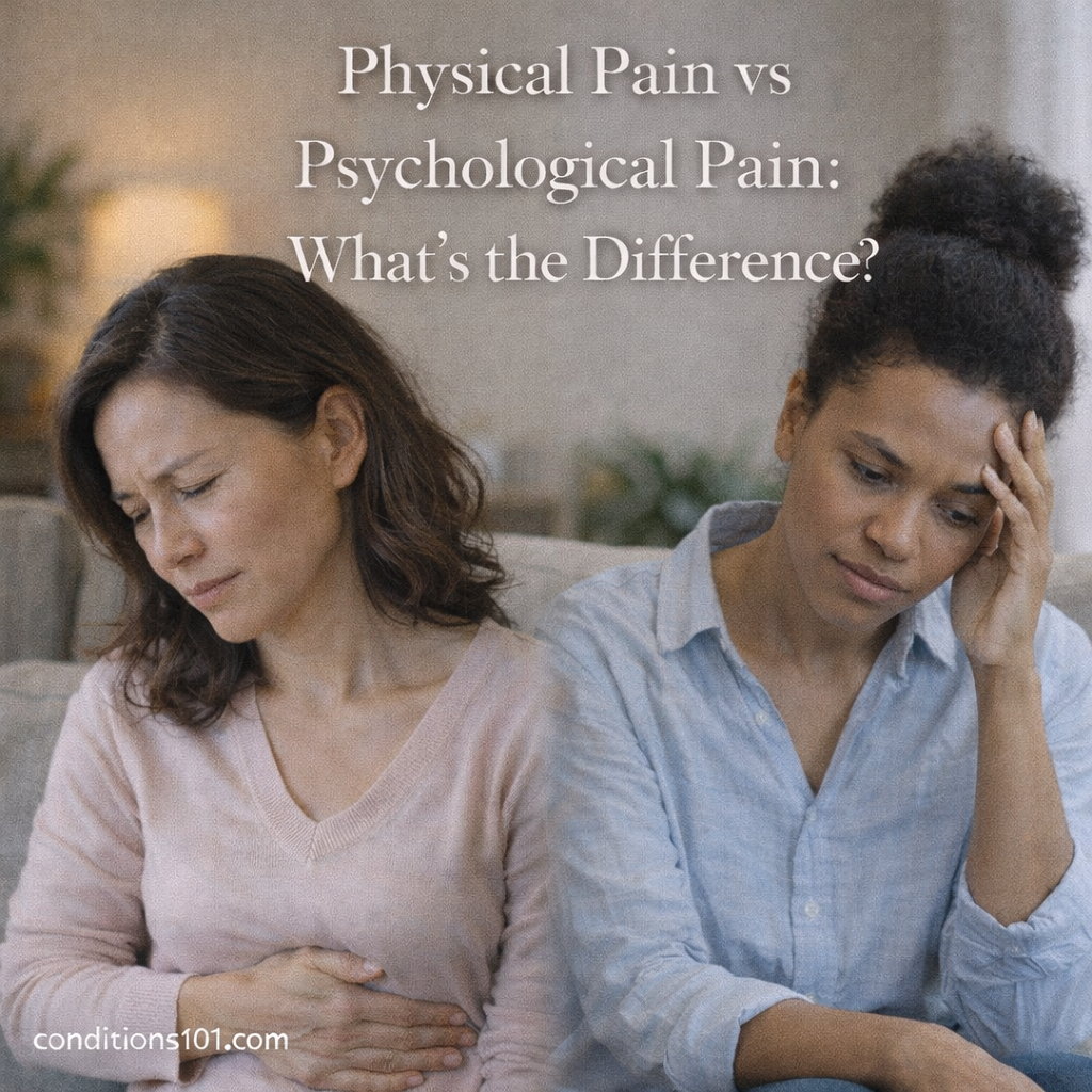 Two women seated separately in a calm home setting, one showing physical discomfort and the other appearing emotionally distressed, illustrating differences between physical and psychological pain.