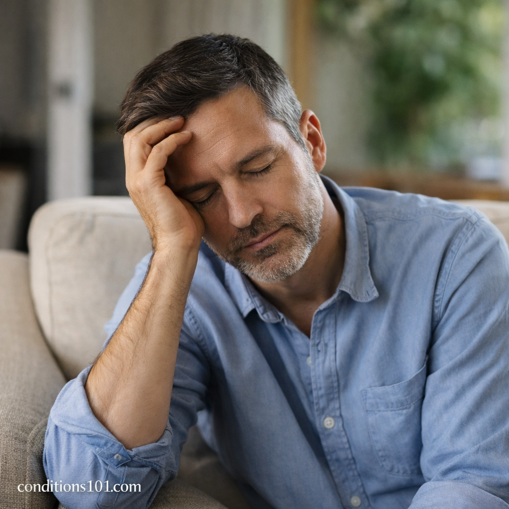 An adult man resting on a couch in a quiet living room, reflecting during a calm everyday moment related to understanding pre-existing conditions.