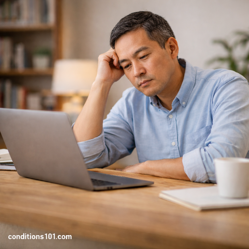 Adult man working at a desk in a calm home office, representing a reflective everyday moment in an educational article about primary conditions.