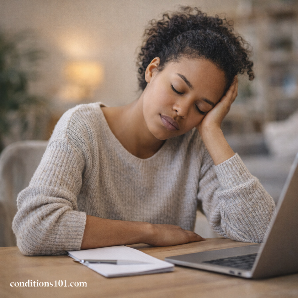 Young woman resting thoughtfully at a desk in a calm home setting representing everyday psychological load.