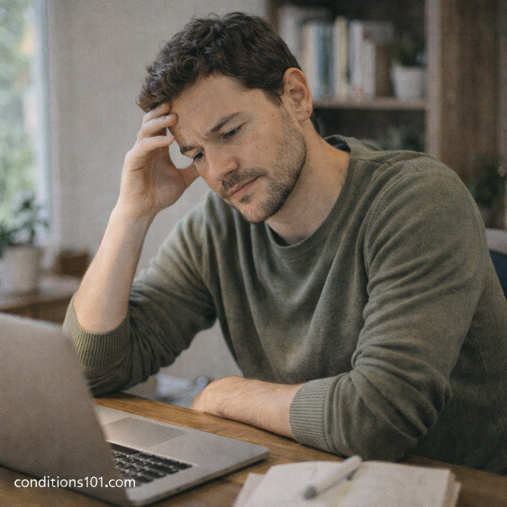 Man sitting at a desk holding his head while working, illustrating everyday mental strain and psychological discomfort.
