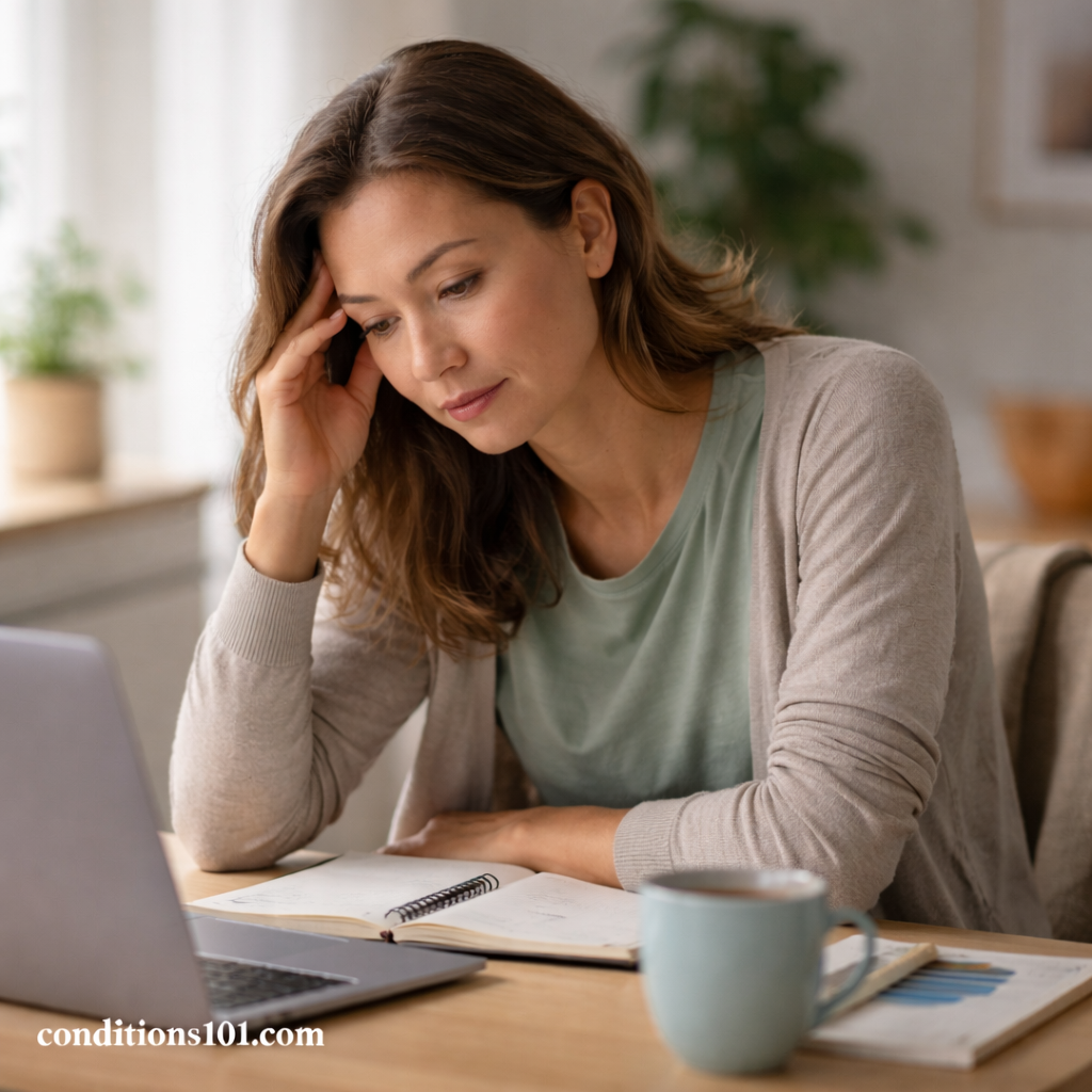 Adult woman sitting at a desk in a calm home office, appearing focused and thoughtful in an everyday moment related to racing thoughts.