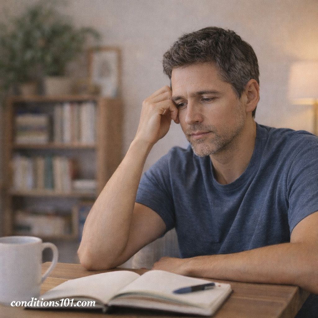 Adult sitting at a desk in a home office, appearing thoughtful and reflective in daily life.