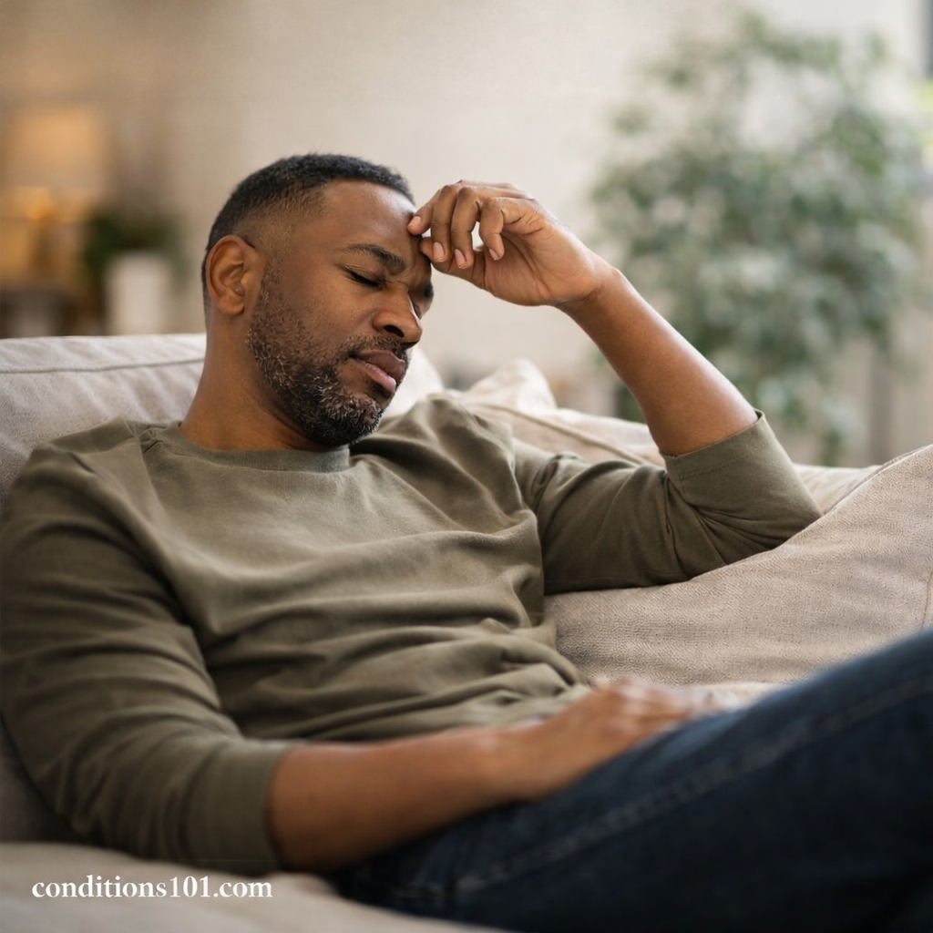 Adult man resting thoughtfully on a couch in a calm home setting representing everyday life with a rare health condition.