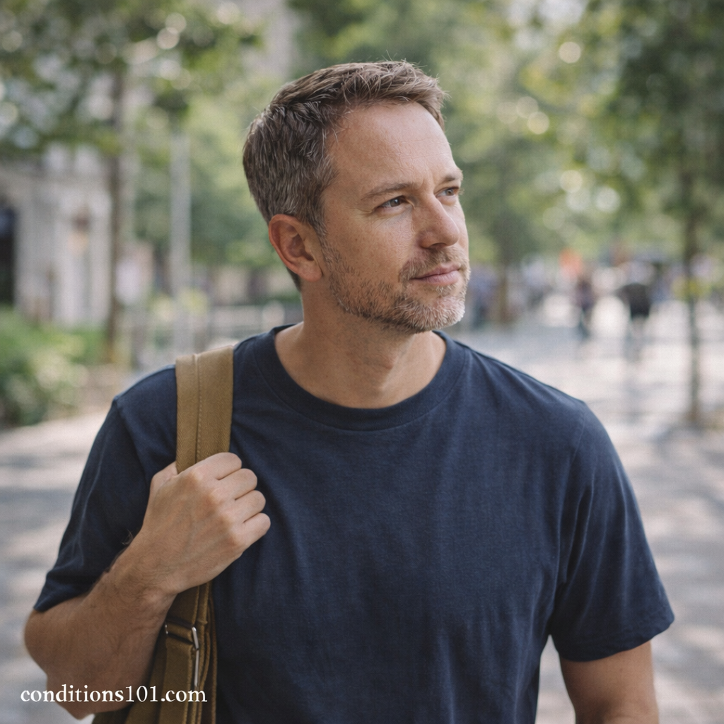 Man walking thoughtfully in an outdoor public space, representing everyday life with a rare metabolic condition.