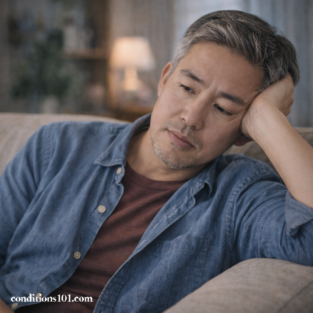 Middle-aged man sitting on a couch at home with a thoughtful expression, reflecting during a quiet everyday moment related to a relapsing condition.