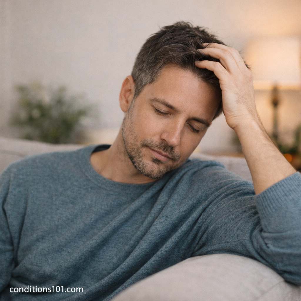 Adult man resting on a couch while gently touching his scalp during a quiet, everyday moment.