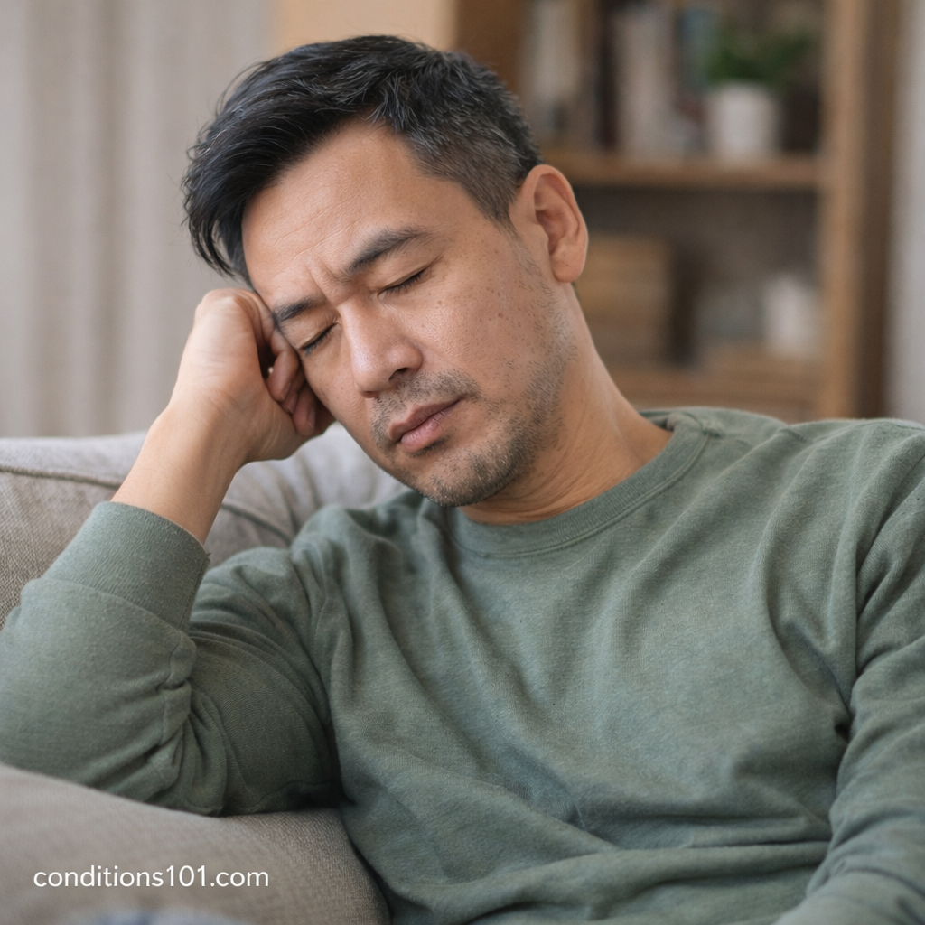 Adult man resting thoughtfully on a couch in a calm home setting representing everyday health reflection related to secondary conditions.