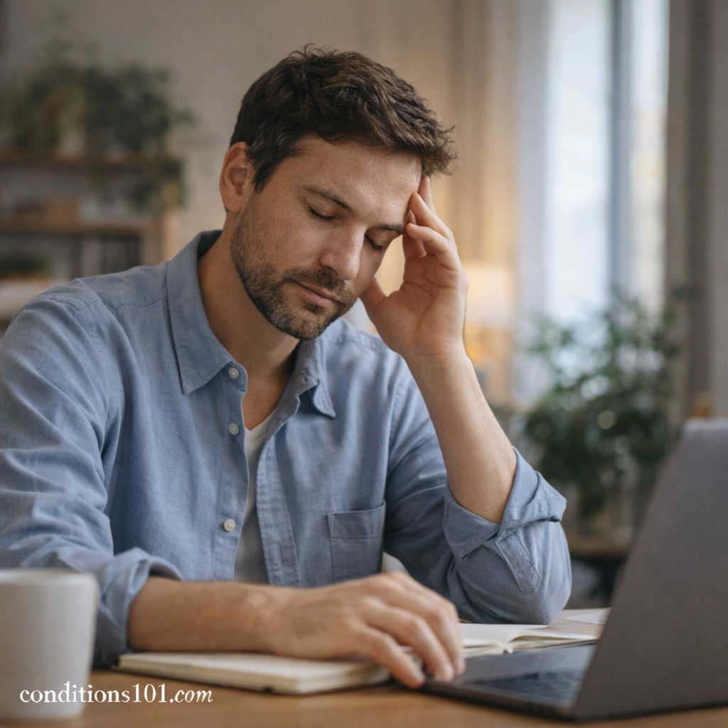 Adult man sitting at a home desk with a thoughtful expression, reflecting sensory imbalance during a quiet everyday moment.