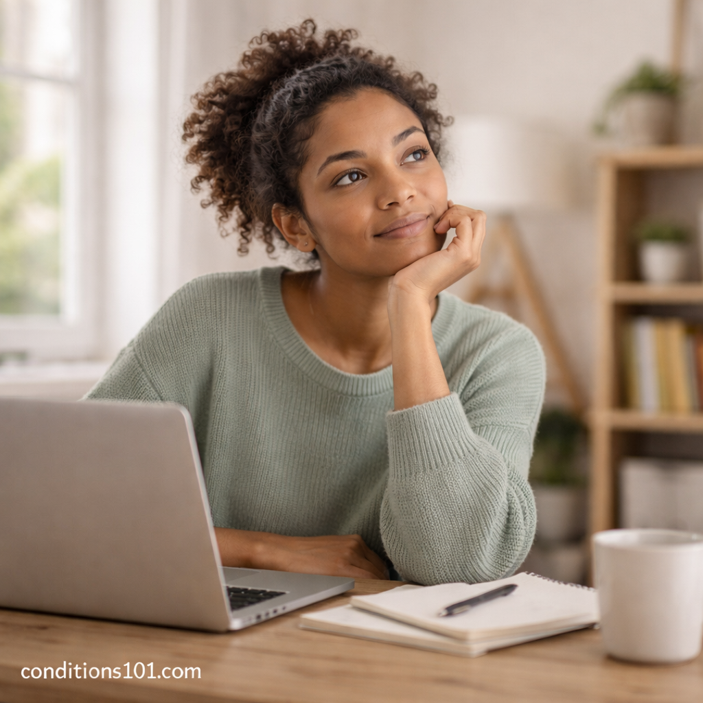 Adult woman sitting at a desk in a home office, appearing thoughtful and focused during everyday activities.