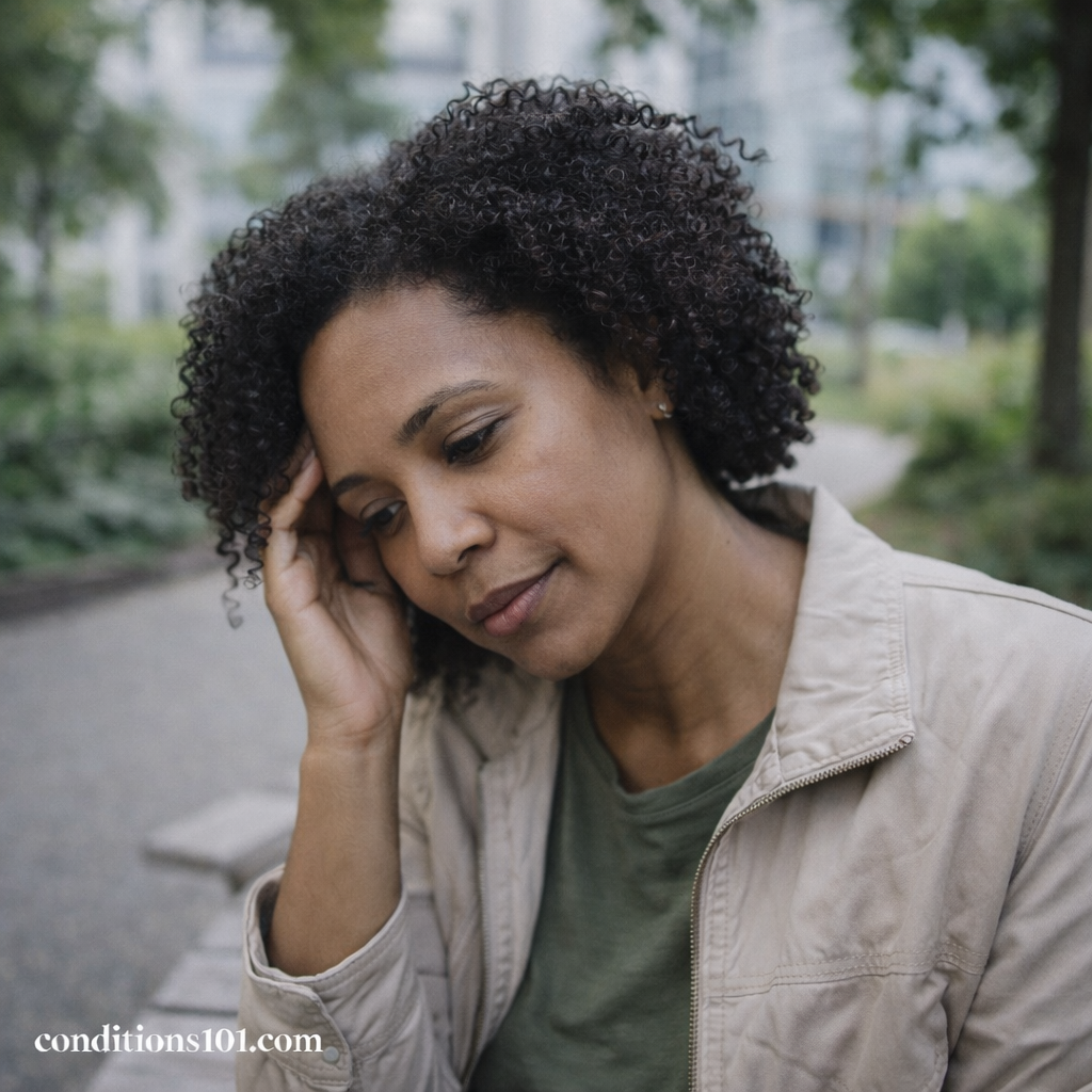 Adult woman standing outdoors with a thoughtful expression, representing everyday sensory processing speed in daily life.