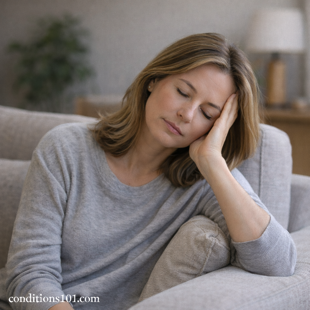 Adult woman resting quietly on a couch at home, representing sensory recovery after everyday stimulation.