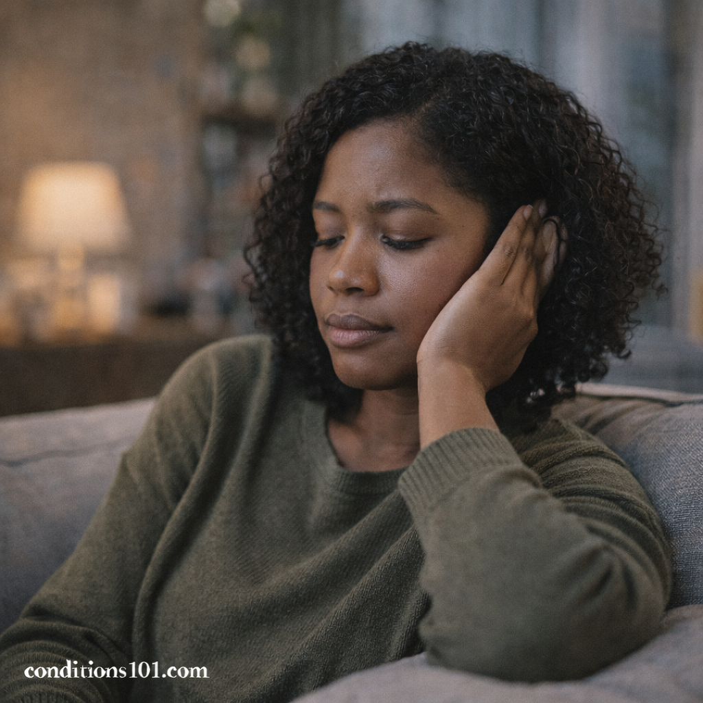 Adult woman sitting on a couch in a calm home setting, gently holding her ear during a reflective moment, representing sensory sensitivity to sound.