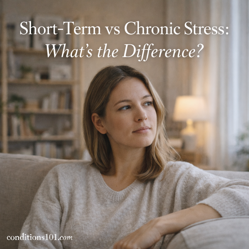 Adult woman sitting calmly on a couch in a home setting, appearing thoughtful while reflecting on short-term versus chronic stress.