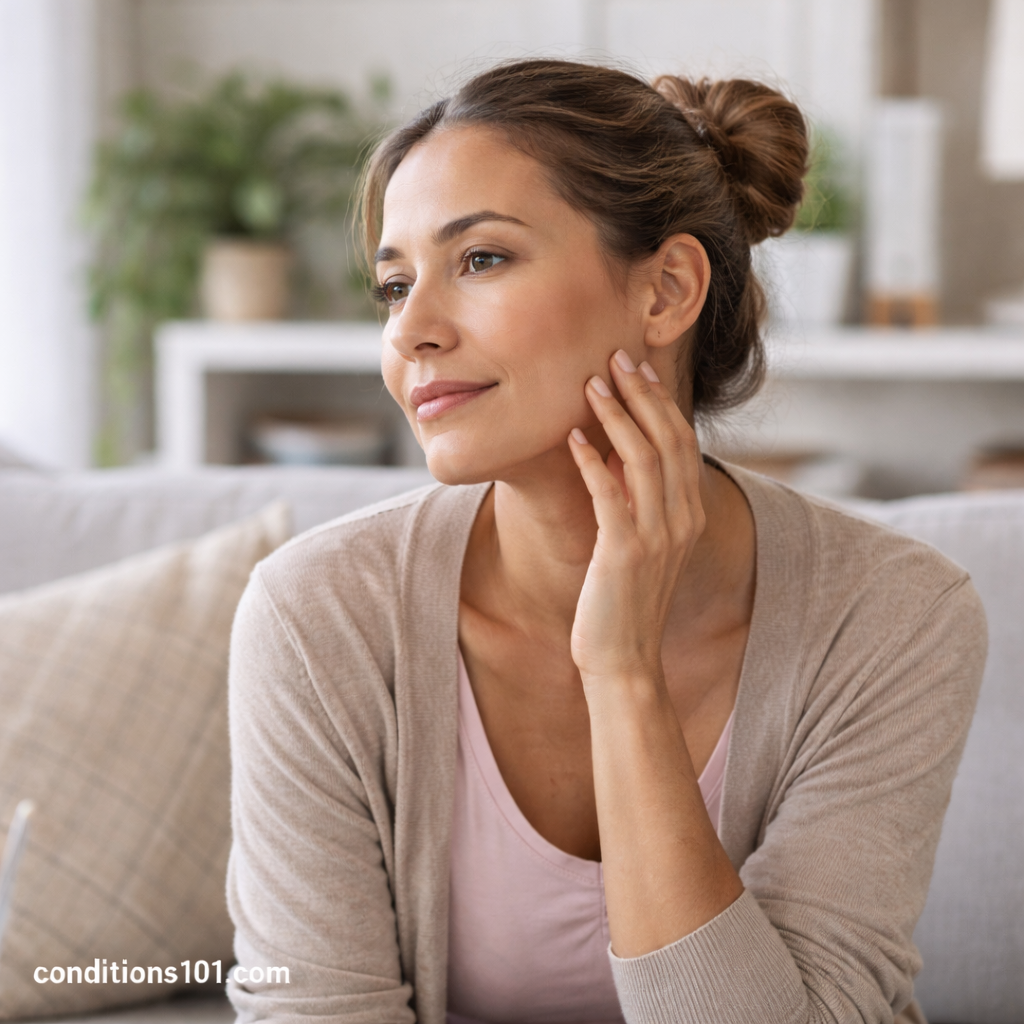 Adult woman sitting on a couch and gently touching her face, representing skin elasticity in an everyday, non-clinical setting.