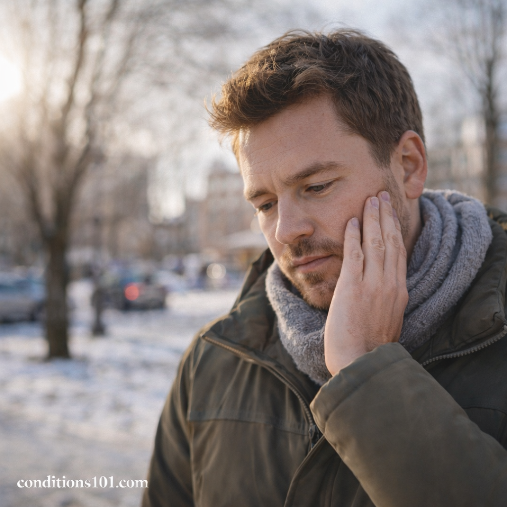 Adult man outdoors in cold weather touching his face, representing everyday skin sensitivity to weather changes.