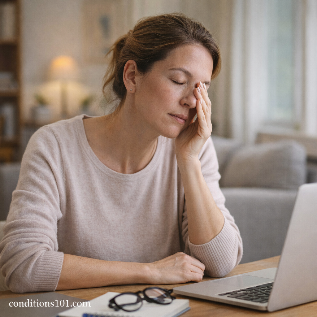 Woman resting her eyes at a home desk, representing everyday sleep awareness and mild fatigue.