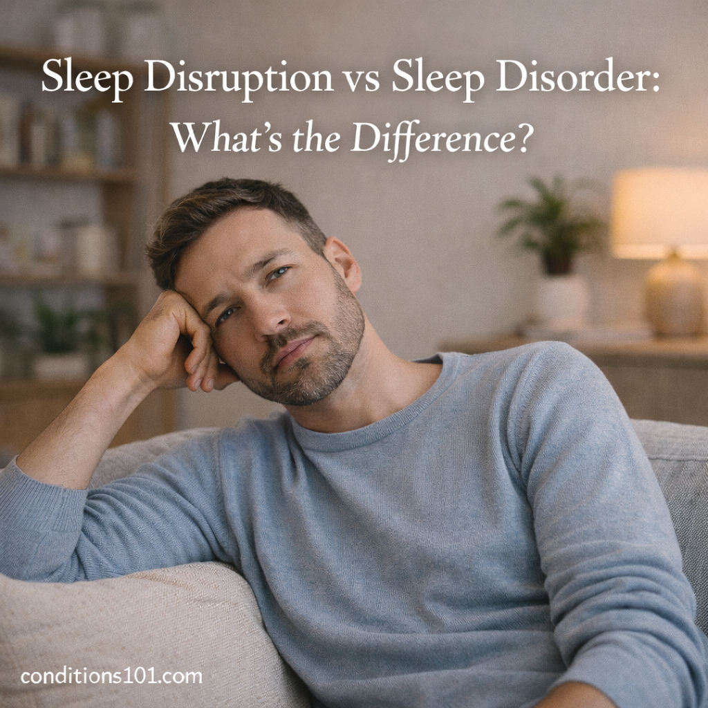 Adult man sitting thoughtfully on a couch in a calm home setting, representing the difference between sleep disruption and sleep disorder.