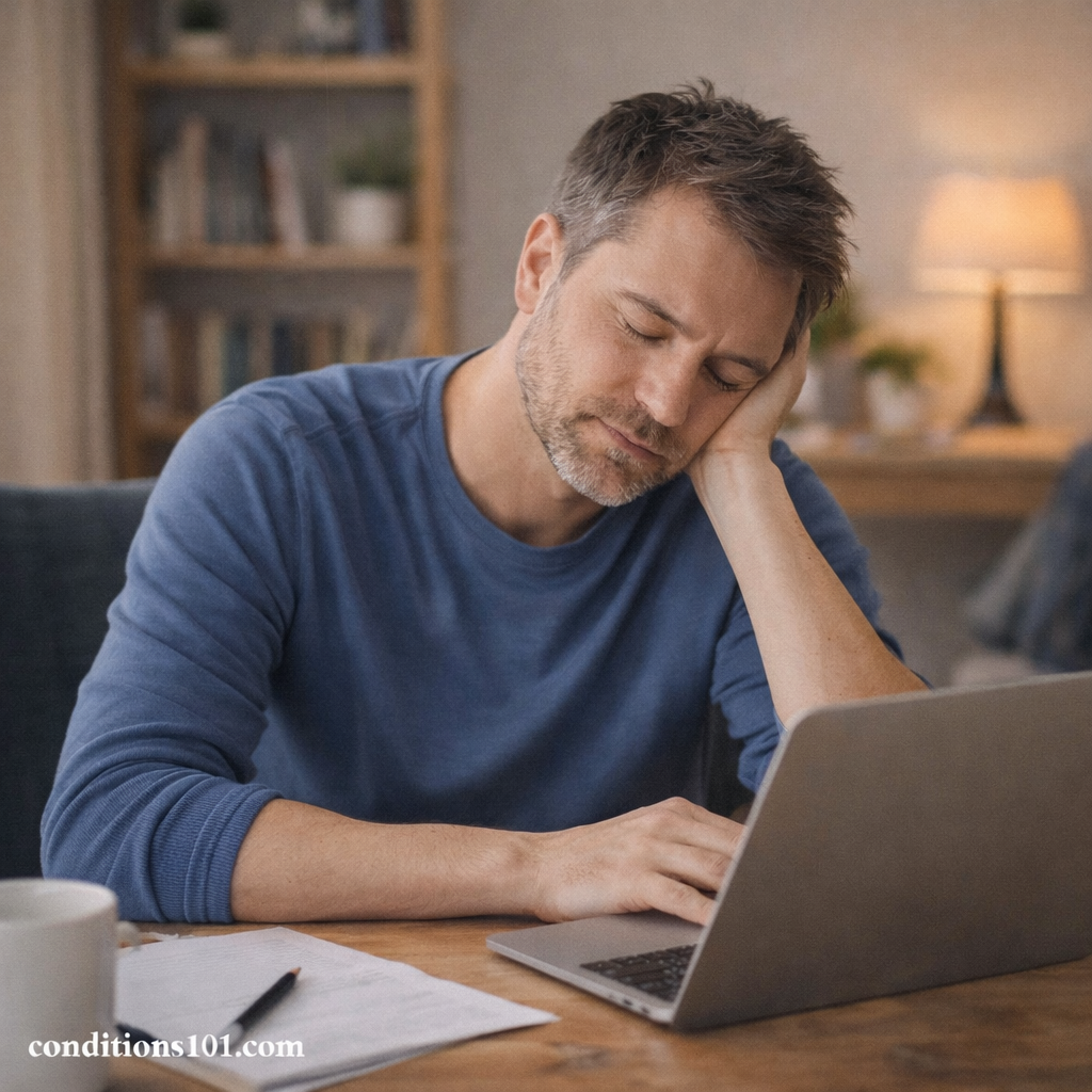 Adult man sitting at a desk with a mildly tired expression in a calm home office setting, illustrating everyday effects of sleep quality versus sleep quantity.