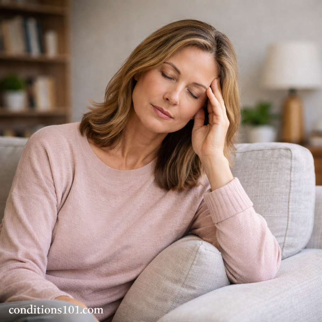 Adult woman resting on a couch at home, representing everyday fatigue and the process of sleep recovery.