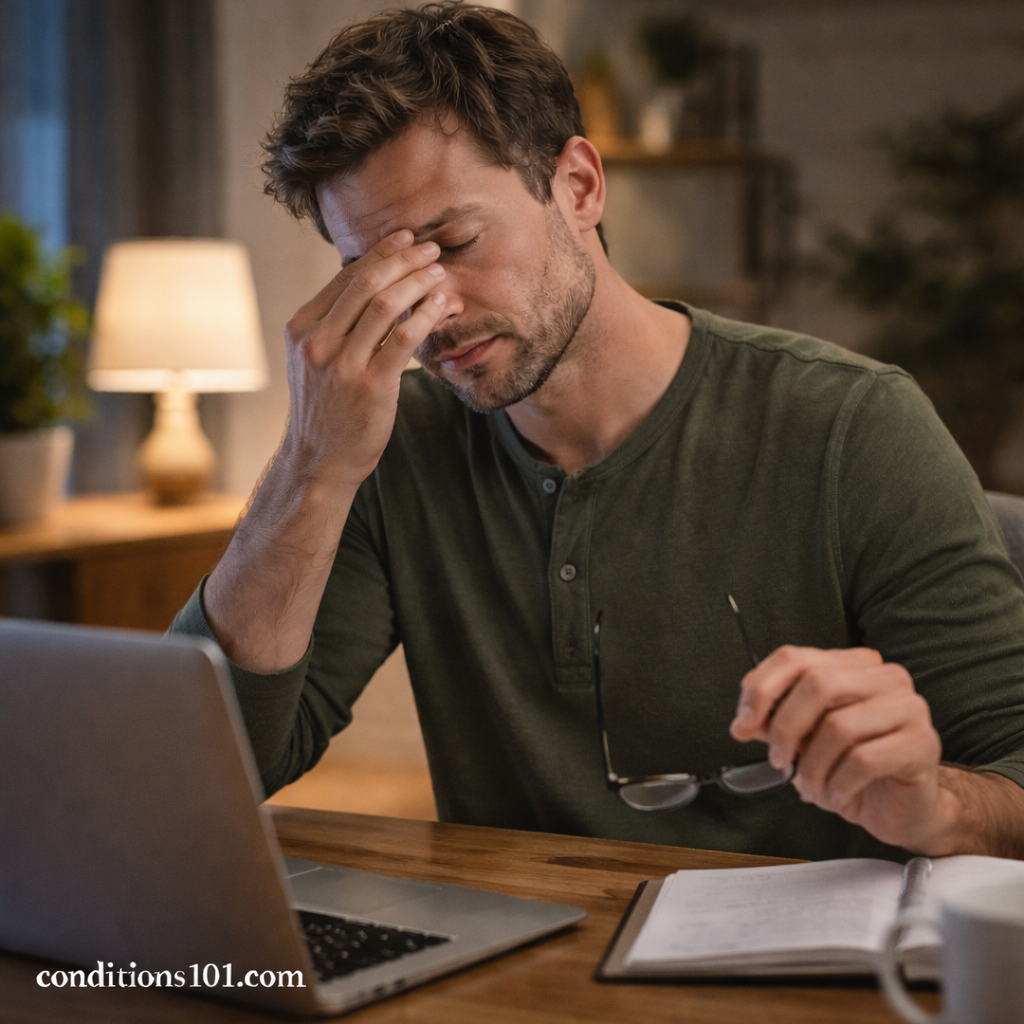 Adult man working late at a home desk, appearing mildly fatigued and unfocused, representing sleep rhythm disruption.
