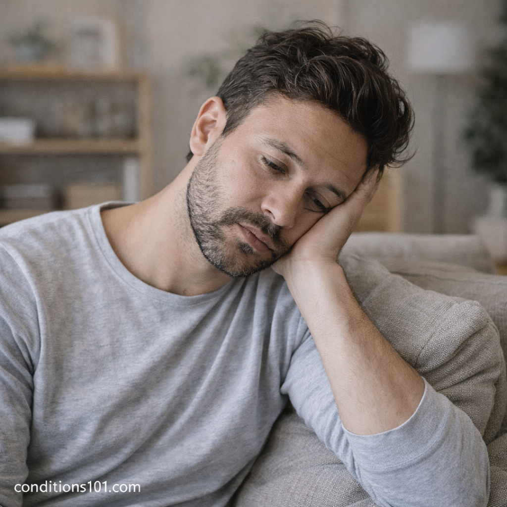 Adult man resting on a couch with a thoughtful expression, reflecting mild tiredness during an everyday moment.