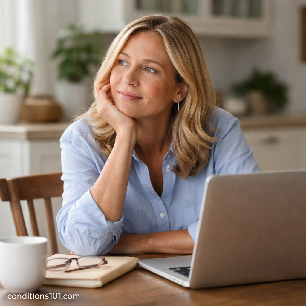 Adult woman seated at a table with a laptop, appearing thoughtful and focused in a calm home environment, representing a stable condition.