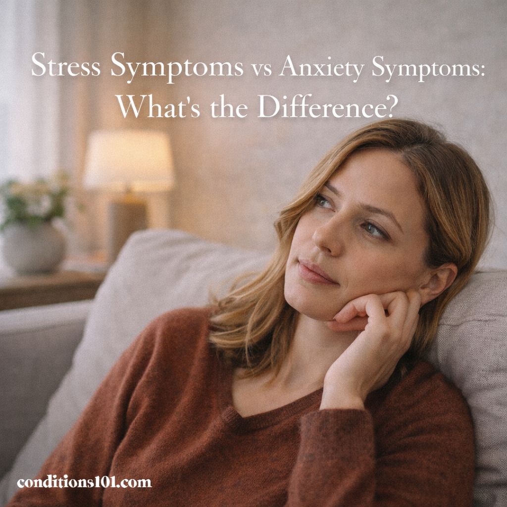 Adult woman sitting thoughtfully on a couch in a calm home setting, representing reflection on stress and anxiety symptoms in an educational, non-clinical context.