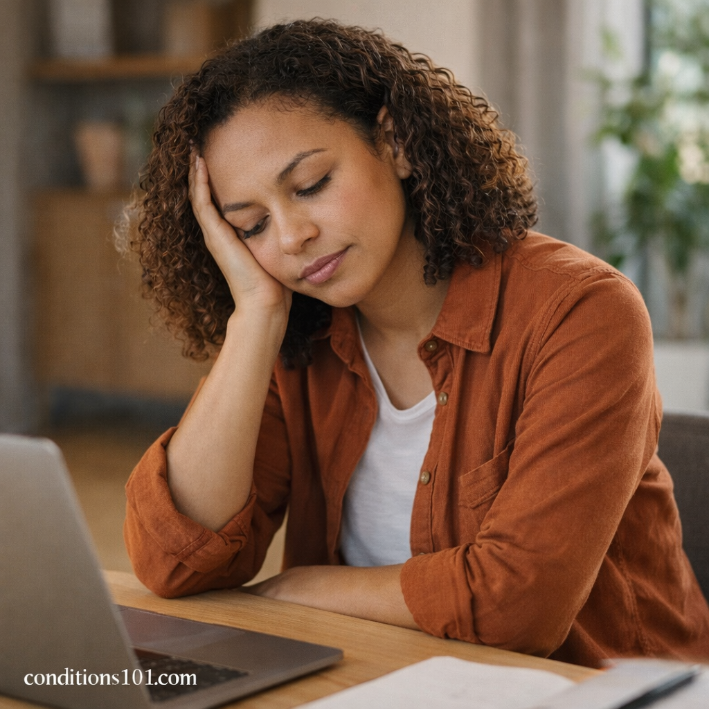 An adult woman sitting at a desk with a thoughtful expression during a quiet work moment, representing everyday stress tolerance.
