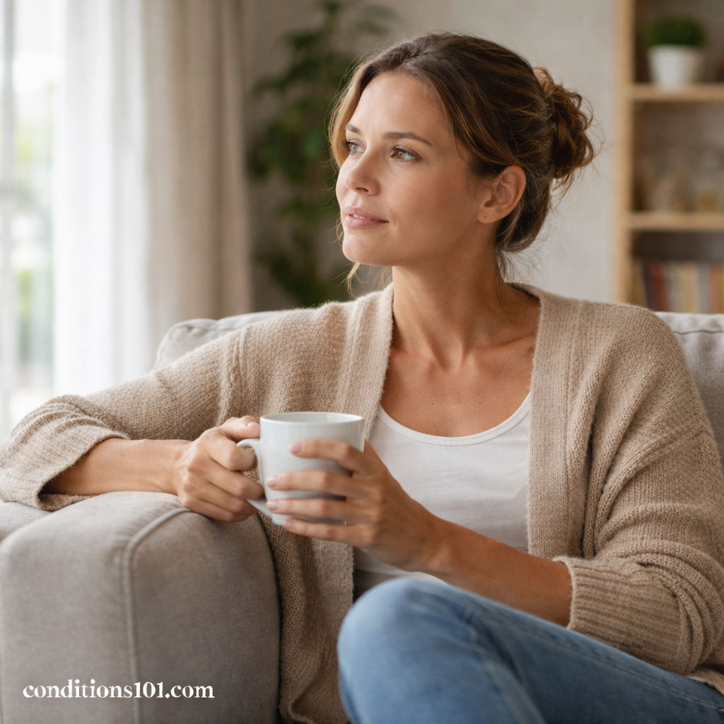 Adult woman sitting calmly on a couch holding a mug and looking out a window, representing everyday reflection on symptoms versus conditions.