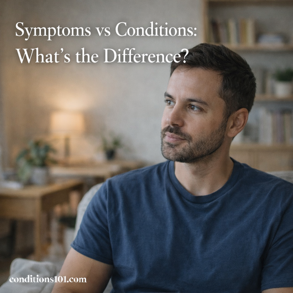Adult man sitting calmly in a living room with a thoughtful expression, representing an educational comparison of symptoms versus conditions.