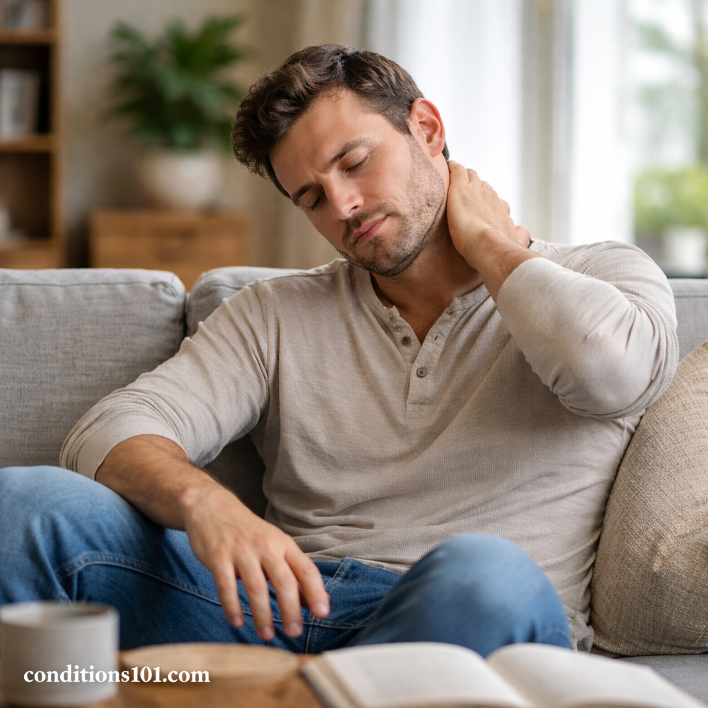 Adult man resting on a couch in a calm home setting, representing everyday reflection related to understanding systemic conditions.