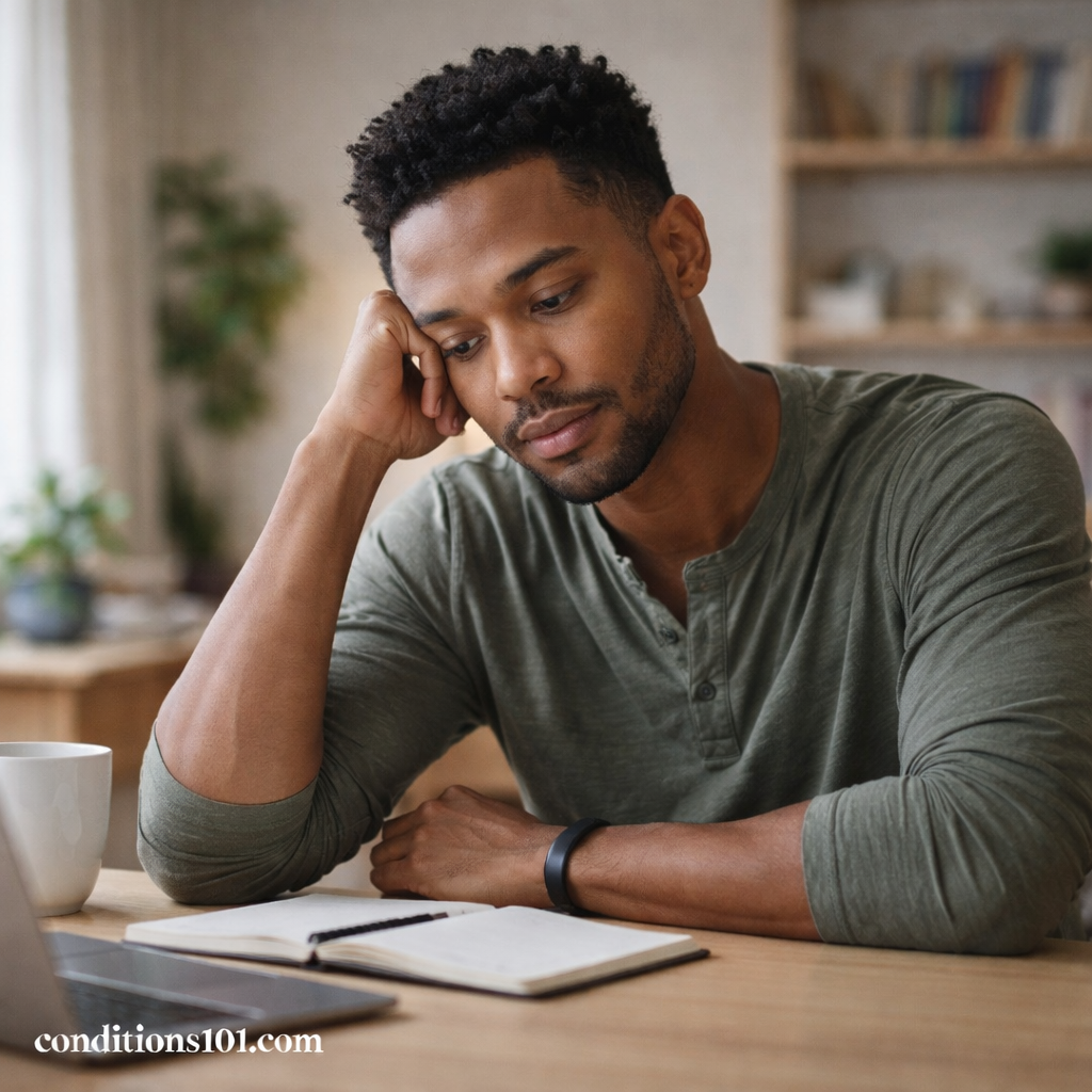 Adult man sitting at a desk with a thoughtful expression, representing how underdiagnosed conditions are often experienced quietly in everyday life.