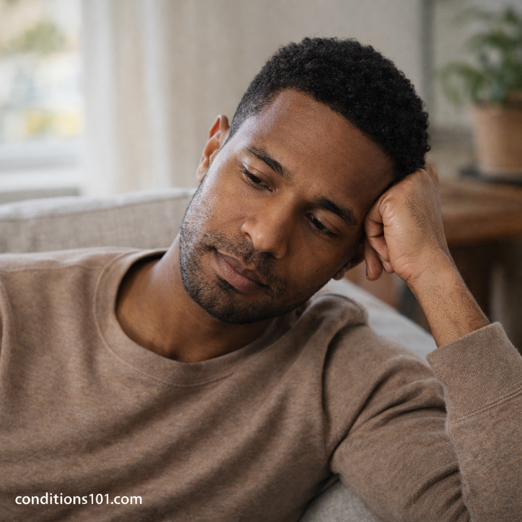Adult resting on a couch in a calm home setting, reflecting on uneven hair growth as a common everyday experience.