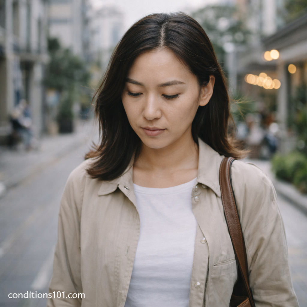 Adult woman walking outdoors in an urban setting, appearing thoughtful during a quiet everyday moment.