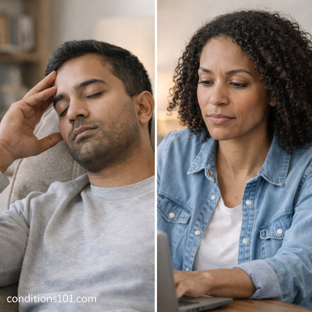 Two adults in calm, everyday settings, one resting on a couch and one focused at a desk, illustrating how variable conditions can affect people differently.