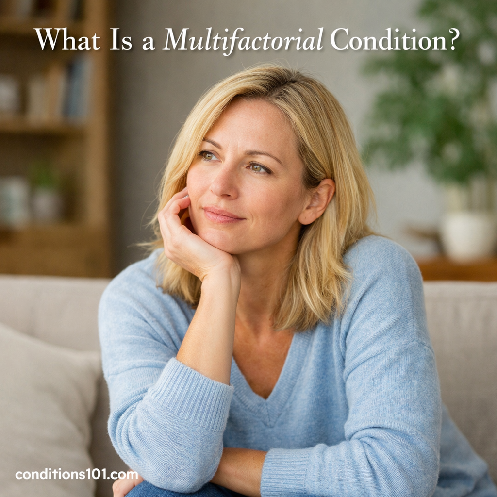 Adult woman sitting thoughtfully in a calm living room setting, representing an educational article about what a multifactorial condition is.